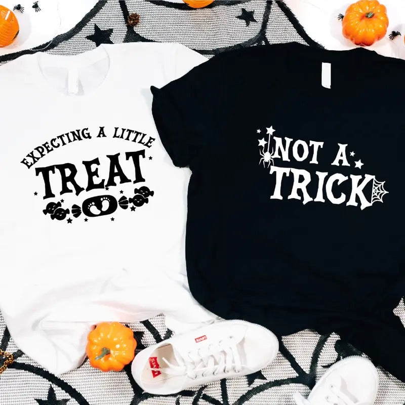 Expecting A Little Treat T-Shirt, Not A Trick Shirt, Halloween Pregnancy Announcement Tee, Matching Baby Shower Party...