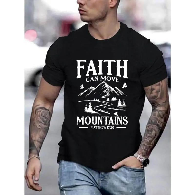 "FAITH Can Move Mountains" Men's Cotton T-Shirt - Short-Sleeved, Round Neck, Black with White Print, Inspirational Religious Design Made in USA