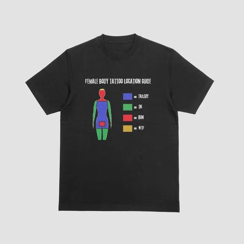FEMALE BODY TATTOO LOCATION GUIDE, T Shirt, funny, Unisex, Cotton Top Womenswear Hoodie, Sweatshirt | RetroVerseTees.com