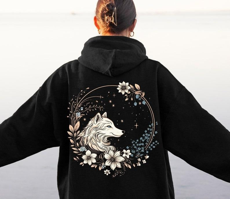 Fairy Cottagecore Wolf T Shirt Hoodie Sweater, Wolf Sweatshirt, Wolf Shirt, Goblincore Hoodie, Fairycore Hoodie, Dark...