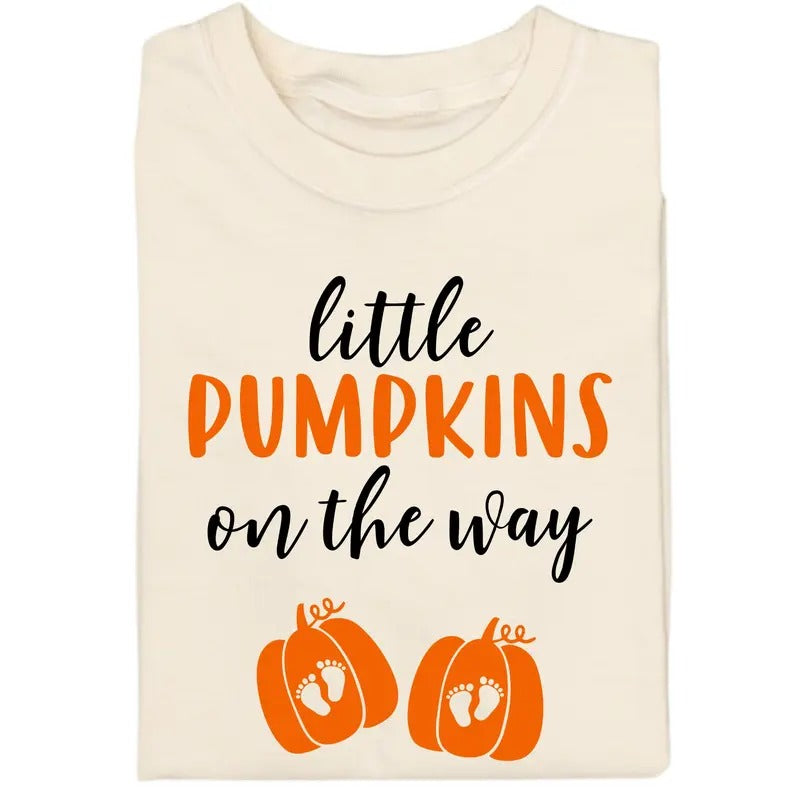 Vintage Little Pumpkins On The Way Graphic Tee - Thanksgiving Pregnancy Announcement Shirt for Women - Autumn/Fall &...