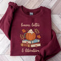 Fall Book Sweatshirt Leaves Latte Literature Sweater Bookish Sweatshirt Teacher Reading Crewneck Librarian Book Nerd...