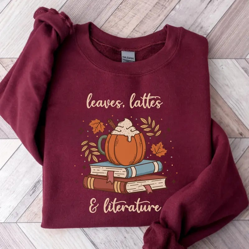 Fall Book Sweatshirt Leaves Latte Literature Sweater Bookish Sweatshirt Teacher Reading Crewneck Librarian Book Nerd...