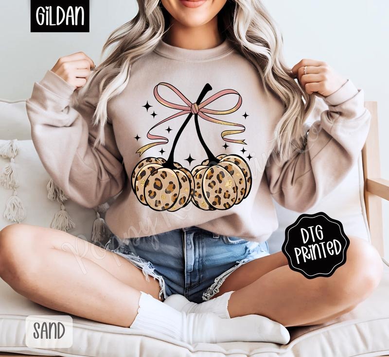Fall Leopard Cherries Sweatshirt, Trendy Autumn Bow Crewneck T-Shirts, Hoodie | RetroVerseTees.com