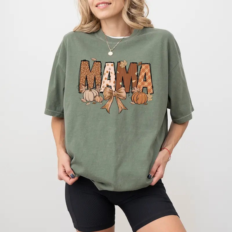 Fall Mama Shirt Comfort Colors, Vintage Coquette Bow Tee For Mom, Pumpkin Mama T-shirt, Autumn Mommy Tshirt, Cute Fall...