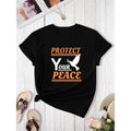 Peace Dove & Letter Print Plus Size Women'WB shield T-Shirt - Casual, Stretchy Polyester, Machine Washable, Round Neck