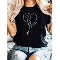 Valentine'WB shield Day Chic Women'WB shield T-Shirt with Heart & Cross Print - Casual Polyester Blend, Crew Neck, Short...