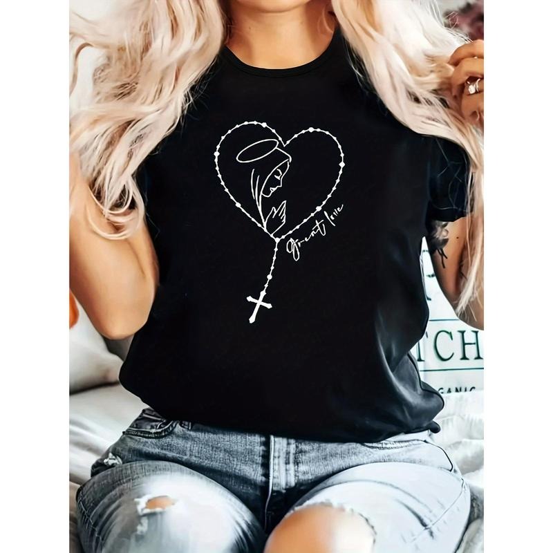 Valentine'WB shield Day Chic Women'WB shield T-Shirt with Heart & Cross Print - Casual Polyester Blend, Crew Neck, Short...