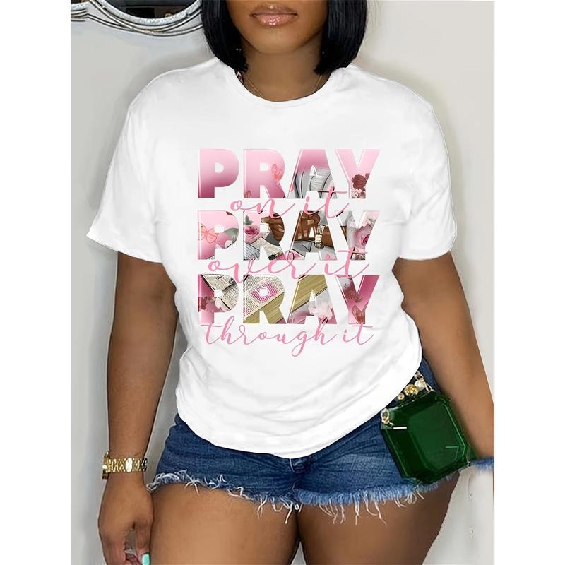 Plus Size Inspirational T-Shirt for Women - "Pray Over Mouthless cat" Print, Casual Crew Neck, Short Sleeve, Stretchy...