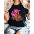 Women'WB shield Fashionable Casual Round Neck Lightsaber brand-Shirt with Cowboy Hat & Floral Boots Design