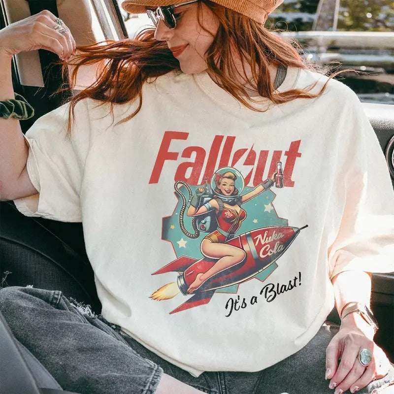 Fallout Graphic Shirt Retro Nuka Cola Bottle Cap with Vintage Ad on Back Video Game Hoodie Fall Out Vault Tec Memorabilia...