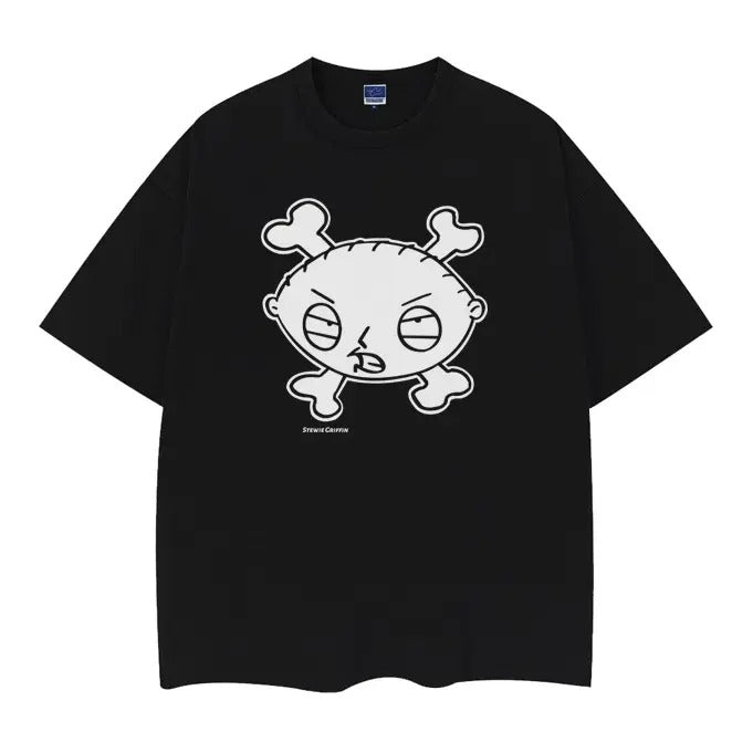 Family Guy "Stewie Griffin" Vintage Oversized Tee Anime T-shirt 100% Cotton Original Design DTG Printing Top Casual Black...