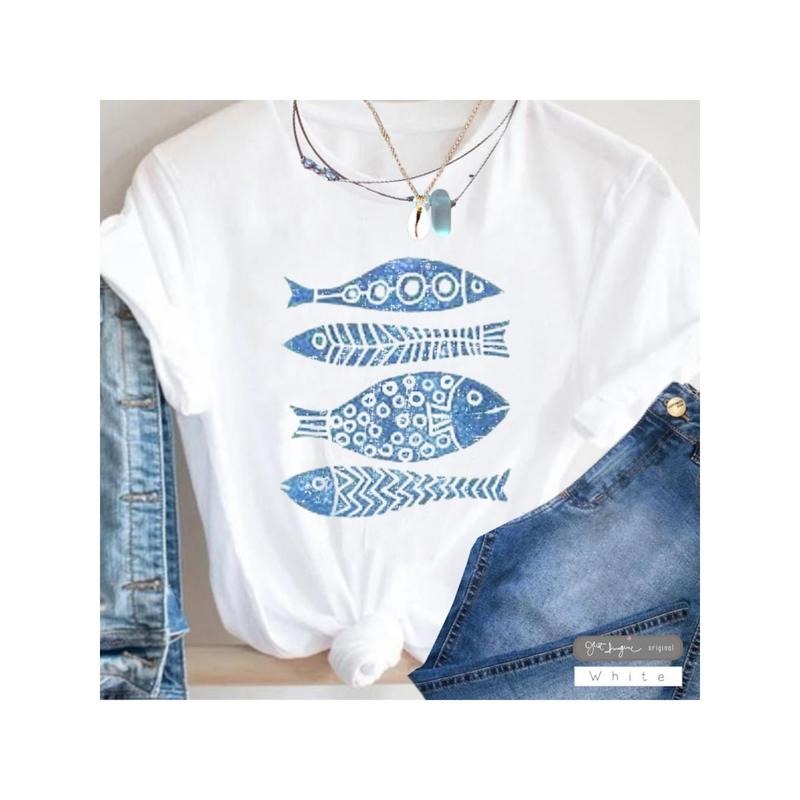 Women'WB shield 100% Graphic Fish Print T-Shirt