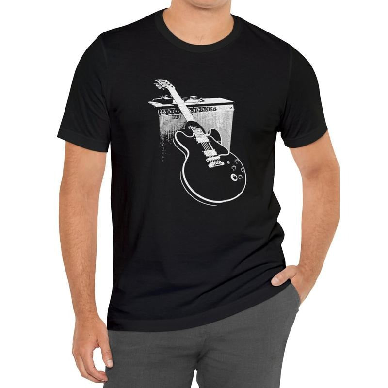 Fancy guitar print crew neck t-shirt for summer, soft short sleeve tops for men, stylish and comfortable t-shirt for...