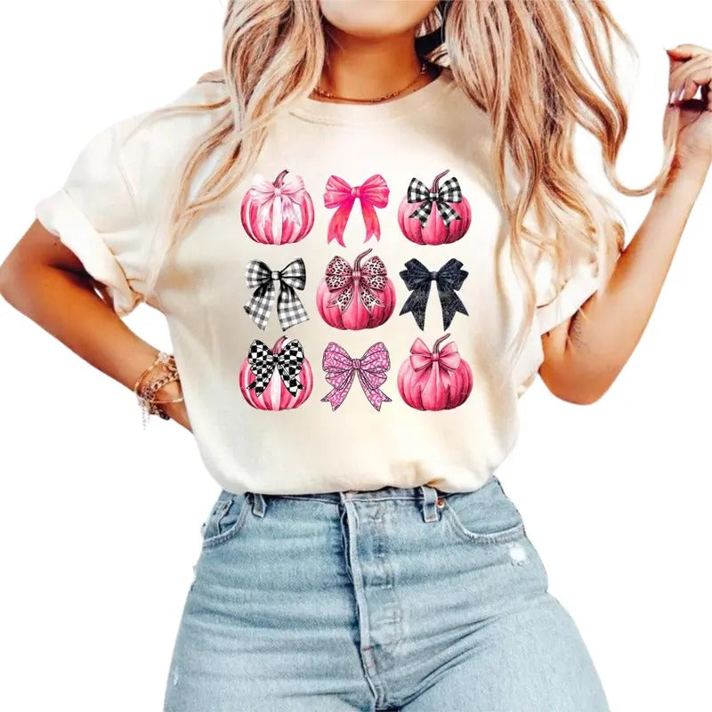 Farm Fresh Pumpkins tshirt, Coquette Pumpkin tshirt, Fall Pumpkin Checkered tshirt, Fall Bow Leopard tshirt, Pink Autumn...