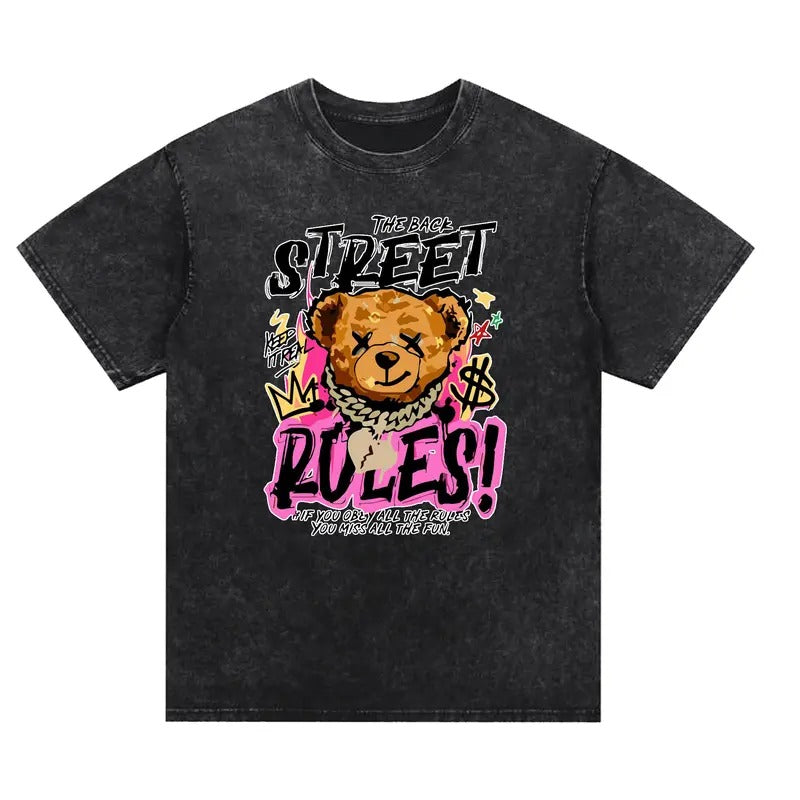 Fashionable washed T-shirt, led by a bear, shining gold chain, "STREET RULES!" domineering declaration, distressed...