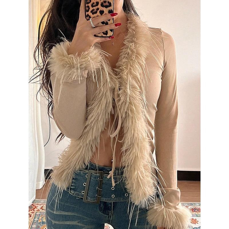Faux Fur Fuzzy Long Sleeve Top Mesh Lace Open Front Y2K Tee Shirts Hoodie, Sweatshirt | RetroVerseTees.com