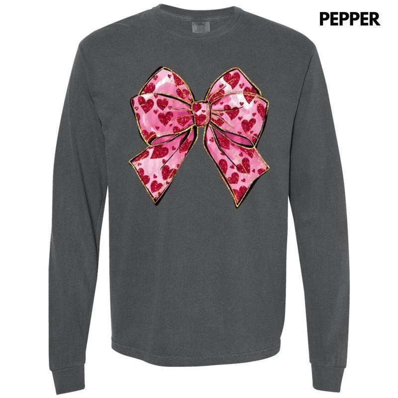 Faux Glitter Heart Bow Long Sleeve Comfort Colors T-Shirt Hoodie, Sweatshirt | RetroVerseTees.com
