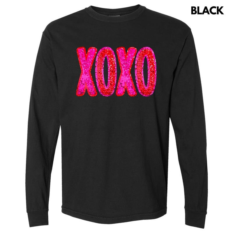 Faux Sequin XOXO Long Sleeve Comfort Colors T-Shirt 'NLB Hoodie, Sweatshirt | RetroVerseTees.com