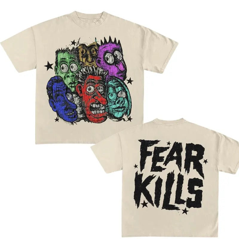 Fear Kills Print Short Sleeve T-Shirt - Double Sided Prints Vintage Bootleg T-Shirt, Trendy, Cotton Casual Crew Neck...