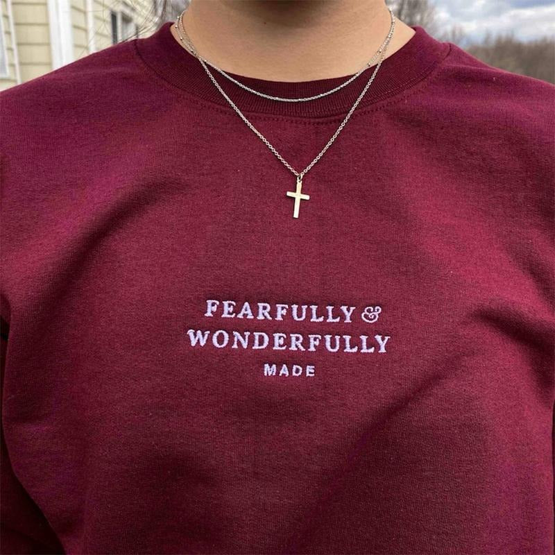 Fearfully and Wonderfully Made Christian Embroidered Sweatshirt, Christian Crewneck T-Shirts, Hoodie | RetroVerseTees.com