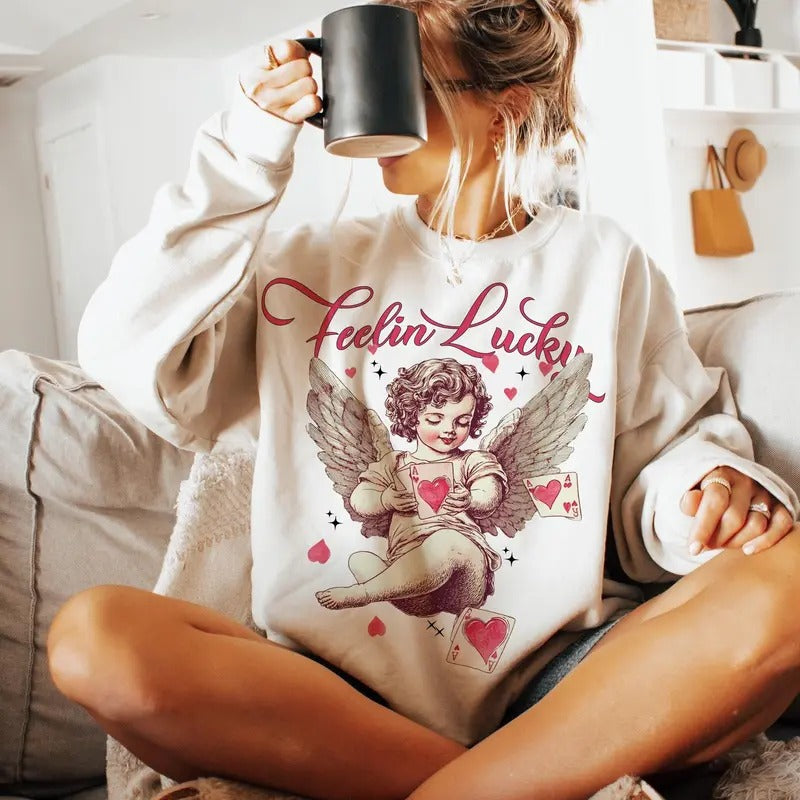 Feeling Lucky Sweatshirt, Cupid Valentines Sweatshirt, Valentines Day, Funny Vday Sweatshirt, Aesthetic Valentines...