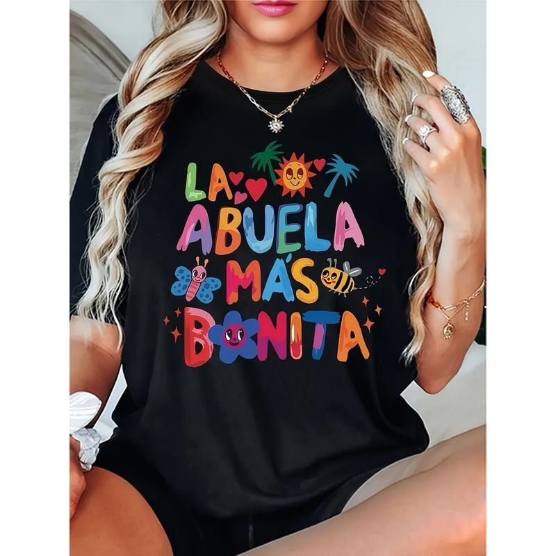 Female Letter Butterfly Flower Print T-shirt, Casual Gunpla brand Comfortable Round Neck Short Sleeve Hoodie, Sweatshirt