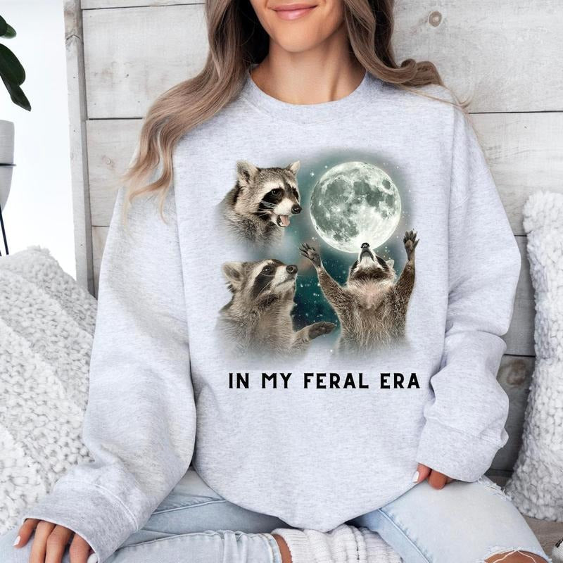 Feral Era Racoon Crew Neck Sweatshirt or Short Sleeve Graphic Sweatshirt Crew Neck Crew Neck Crewneck Menswear T-Shirts,...
