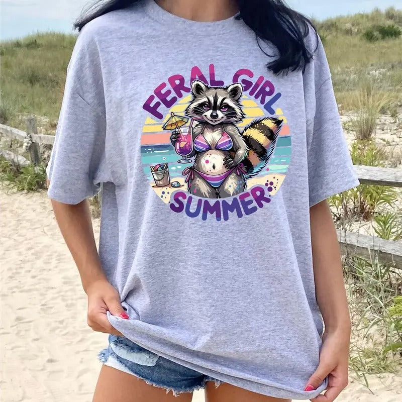 Feral Girl Summer T-shirt: Funny Racoon Sarcastic Feral Vintage Rock Swoosh Possum