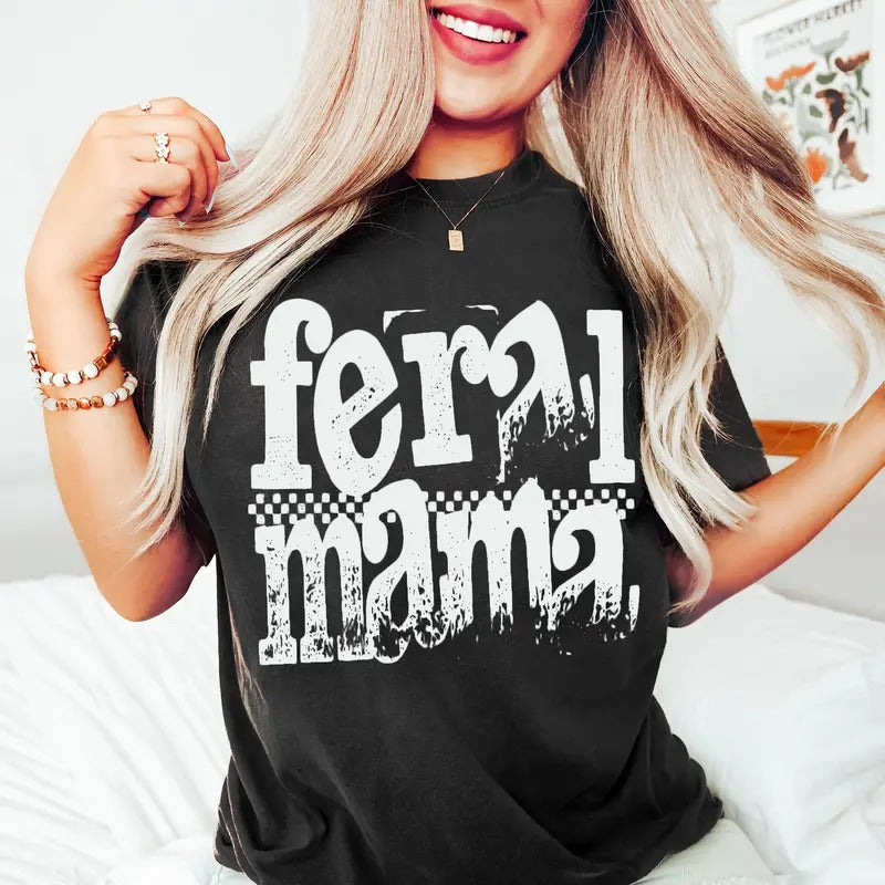 Feral Mama Funny Sassy Sarcastic Mom Shirt, Trendy Mama Retro Distressed Checkered Tee. Funny Mothers Day Gift Hoodie,...