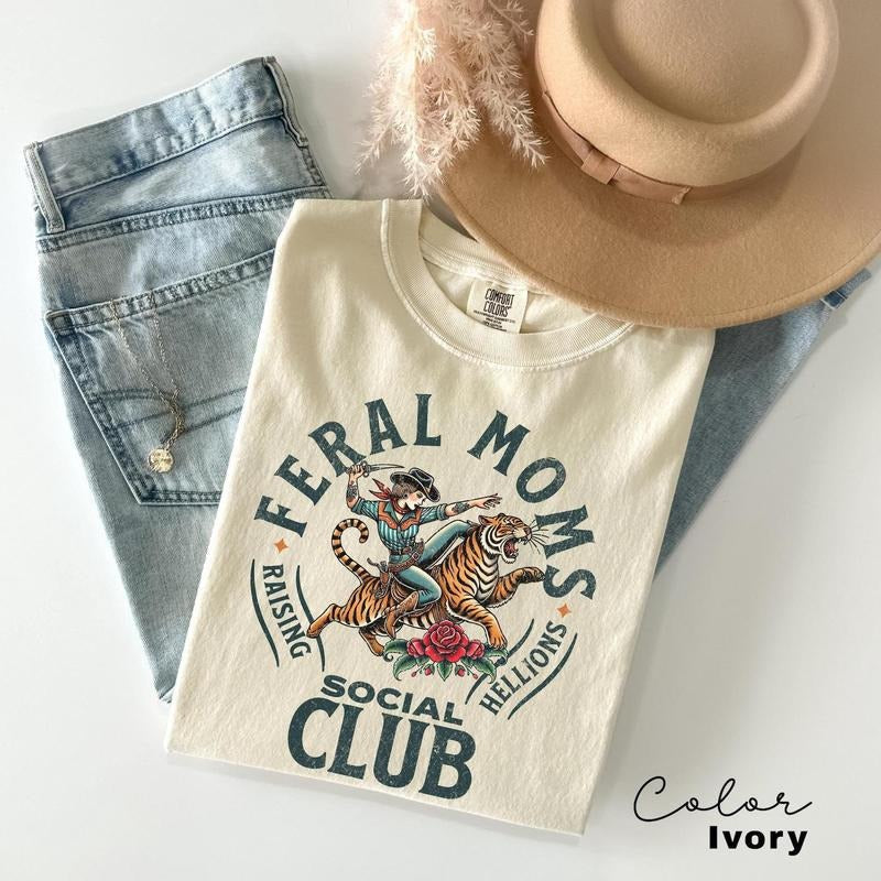 Feral Moms Social Club Shirt, Comfort Colors Vintage Graphic Tee, Feral Mom Gift, Somebody's Feral Wife, Mom Life Tshirt,...