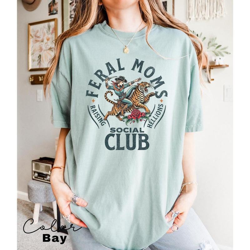 Feral Moms Social Club Shirt, Comfort Colors Vintage Graphic Tee, Feral Mom Gift, Somebody's Feral Wife, Mom Life Tshirt,...