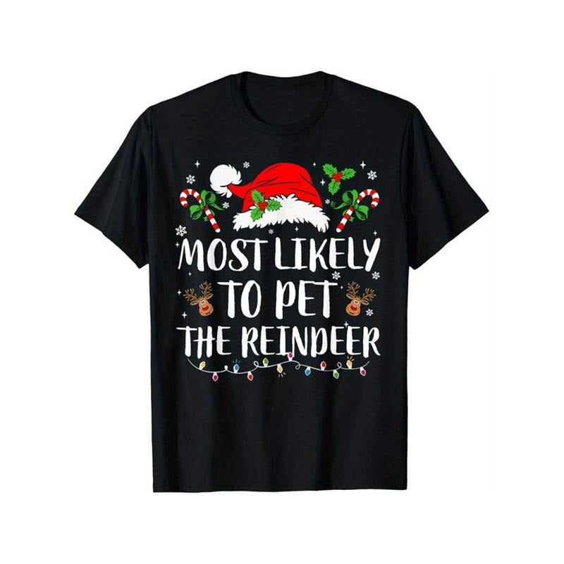 Festive Holiday Crew Neck T-Shirt, Cotton Blend, Casual Style, Slight Stretch, Reindeer Petting Graphic, Unisex, for...
