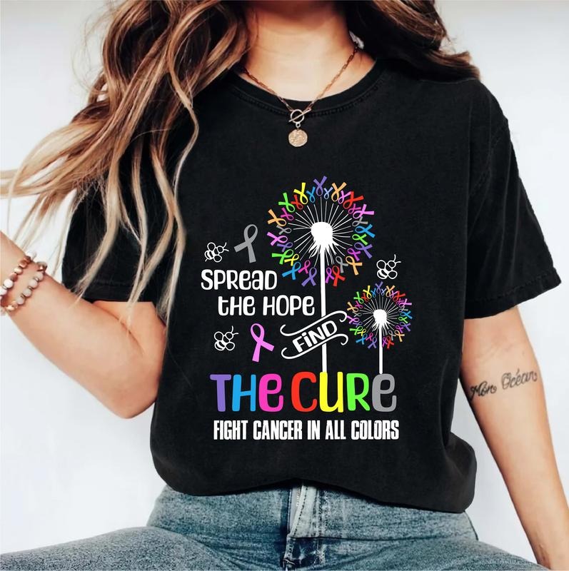 Fight Cancer In All Colors Shirt, Spread The Hope Find The Cure T-shirt, Colorful Ribbon Cancer Awareness Tee, Fighter...