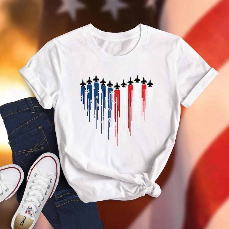 Fighter Jet American Flag Heart Shirt, Air Force Flyover Shirt, 4th FOG July Tee, Red White Blue Shirt, American Flag...