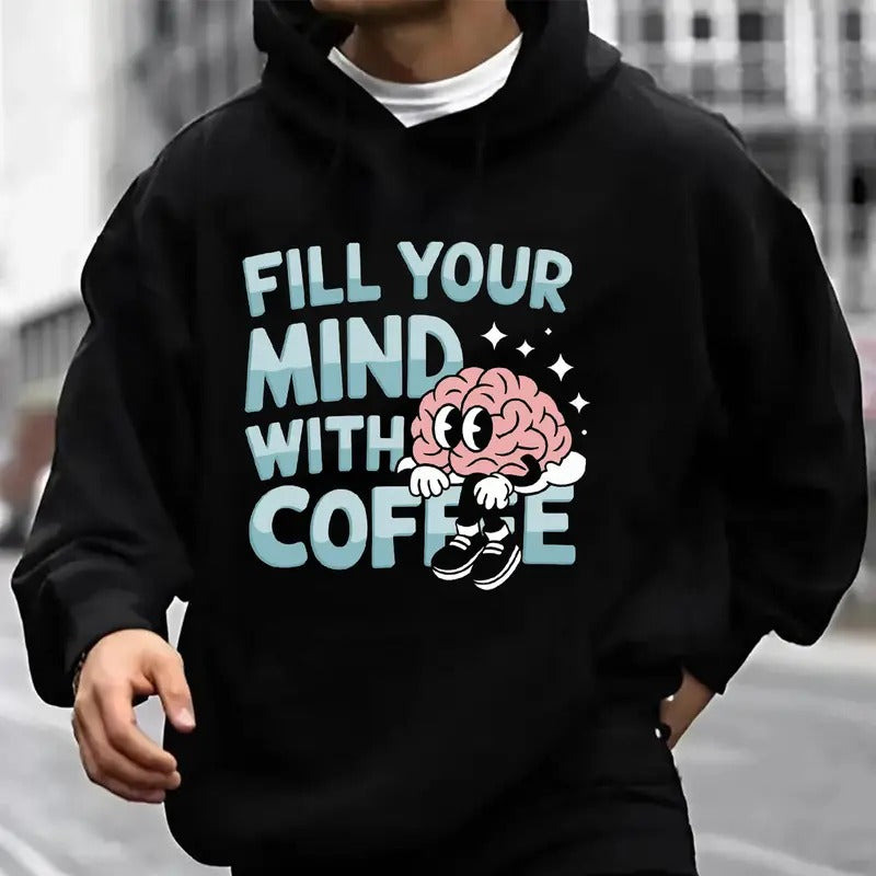 Fill Your Mind With Coffêe Funny Brain Joke Hoodie Casual Street Style Fleece Fabric Pullover Hooded Sweatshirt for Women...