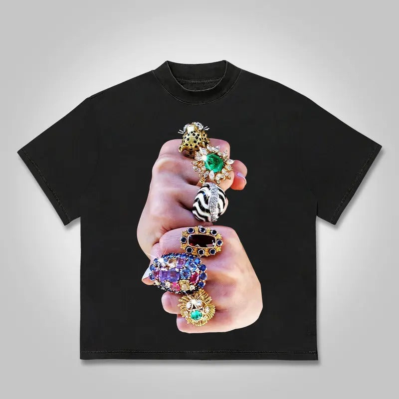 Finger Graffiti Diamond Ring Casual Graphic T-Shirt Y2K Clothing Graphic Tee Cotton Top Streetwearstyle{n002}2 Hoodie,...