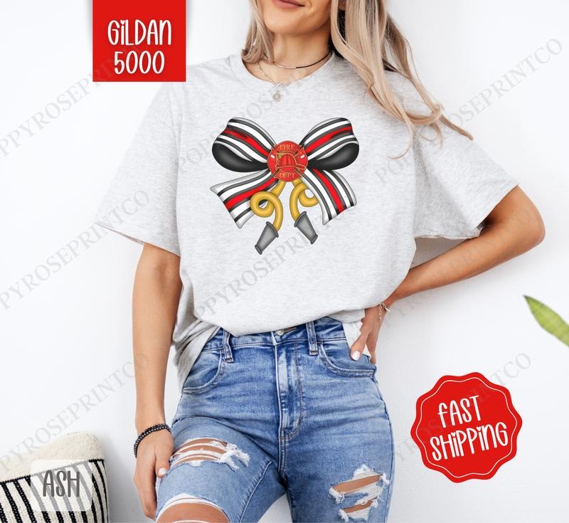 Firefighter Coquette Bow Gildan, Trendy Bow Women's Tee, Cute Women's Tshirt Plus Sizes Hoodie, Sweatshirt