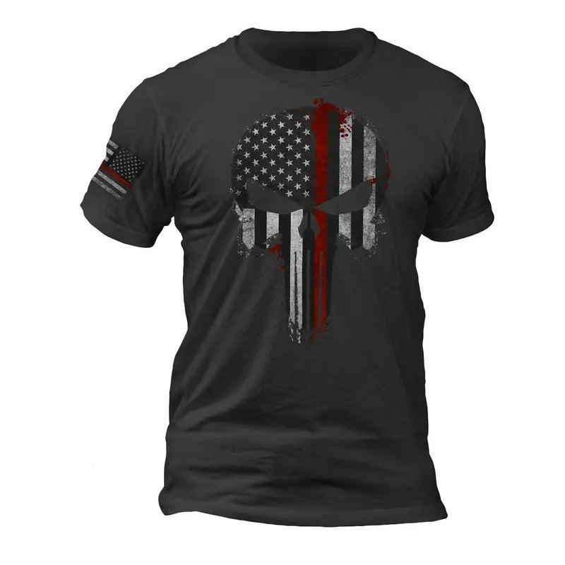 Firefighter Thin Red Line Flag Skull Flag on Sleeve T-Shirt Hoodie, Sweatshirt | RetroVerseTees.com