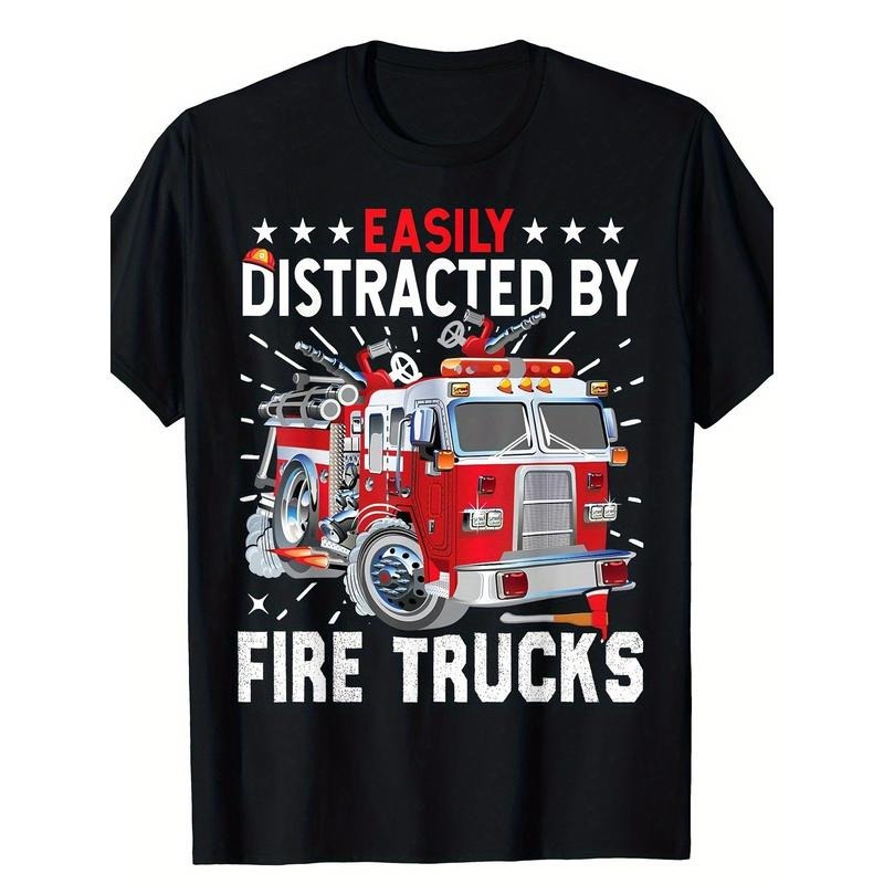 Firefighters Easily Distracted By Fire Trucks Men Boys T-Shirt - Made in USA Hoodie, Sweatshirt | RetroVerseTees.com