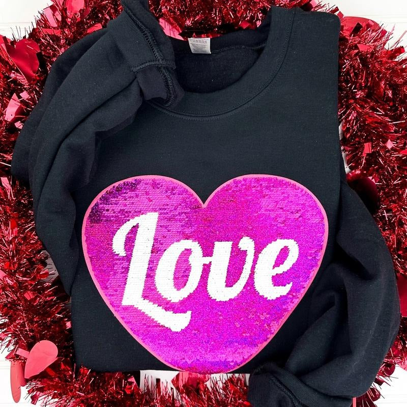 Flip Sequin Heart Patch Sweatshirt -- BLACK T-Shirts, Hoodie | RetroVerseTees.com