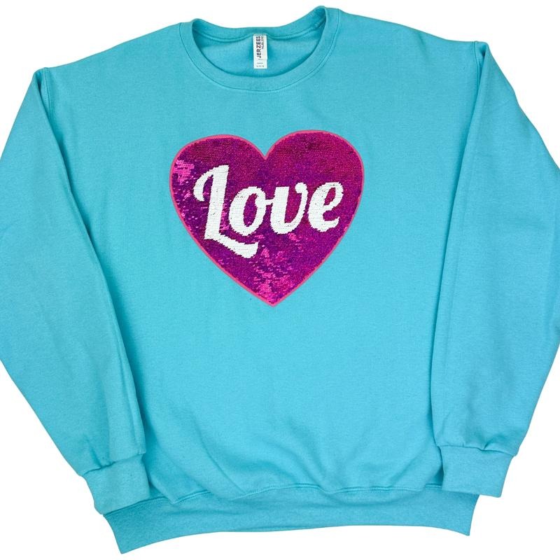 Flip Sequin Heart Patch Sweatshirt -- SCUBA BLUE T-Shirts, Hoodie | RetroVerseTees.com