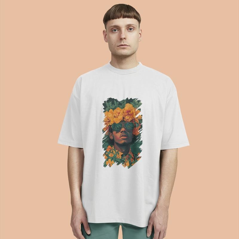 Floral & Portrait Graphic, Oversized T - Shirt, High