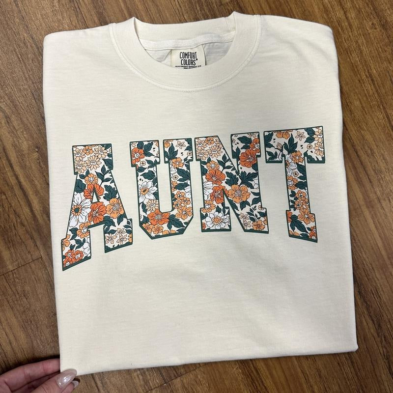 Floral Auntie Comfort Color T-Shirt Hoodie, Sweatshirt | RetroVerseTees.com