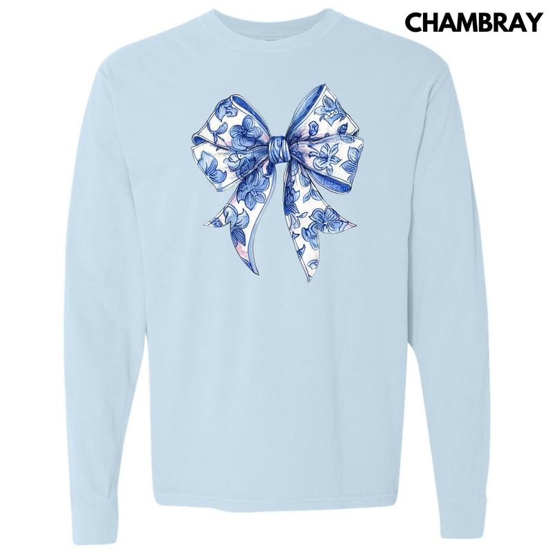 Floral Blue Big Bow Long Sleeve Comfort Colors T-Shirt 'NLB' Hoodie, Sweatshirt | RetroVerseTees.com