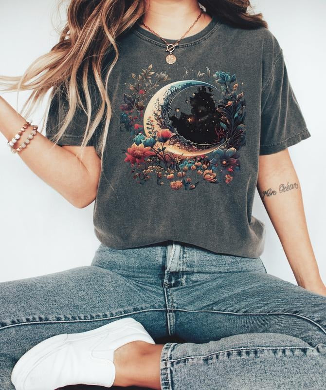 Floral Crescent Moon & Stars T-Shirt, Ladies Crewneck Garden Shirt Hoodie, Sweatshirt | RetroVerseTees.com
