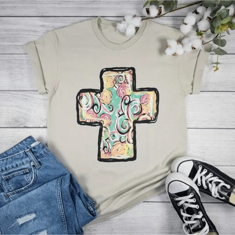 Floral Cross Graphic Tee Hoodie, Sweatshirt | RetroVerseTees.com