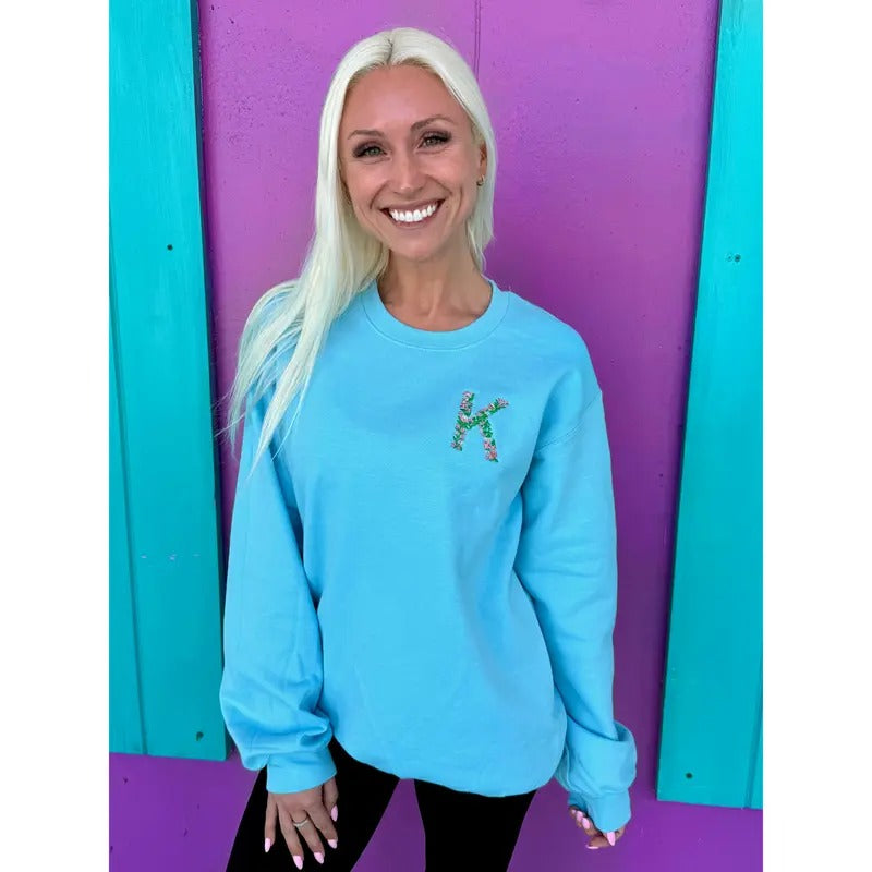 Floral Embroidered Initial Sweatshirt (S-XL) T-Shirts, Hoodie | RetroVerseTees.com