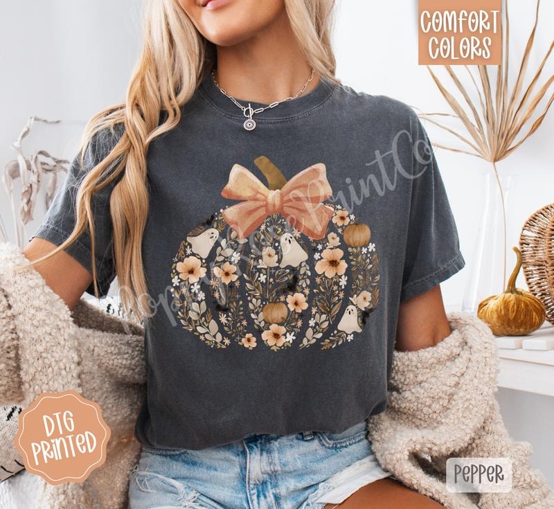Floral Ghost Pumpkin Comfort Colors, Trendy Women's Fall Tshirt Hoodie, Sweatshirt | RetroVerseTees.com
