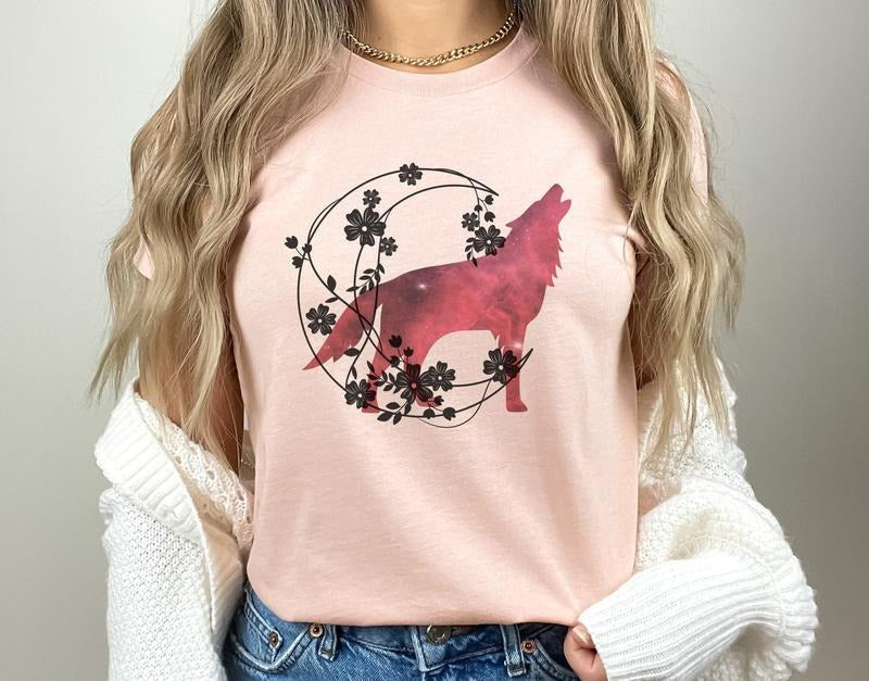 Floral Moon Wolf T Shirt Hoodie Sweater Howling Wolf Floral Wolf Wolf Lover Gift Animal Lover Top Mystical Wolf T-shirt...